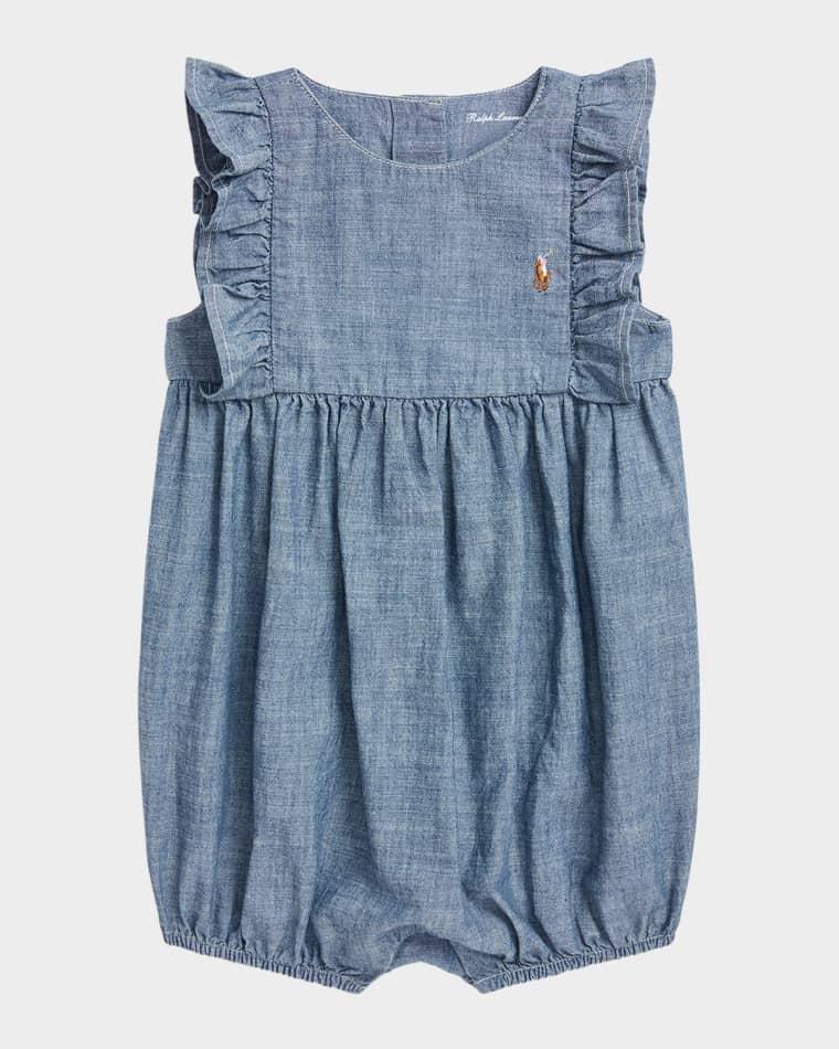 Girl's Chambray Ruffle-Trim Bubble Romper, Size 3M-24M by POLO RALPH LAUREN