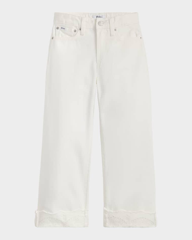 Girl's Eyelet-Cuff Cotton Denim Wide-Leg Denim Jeans, Size 8-14 by POLO RALPH LAUREN