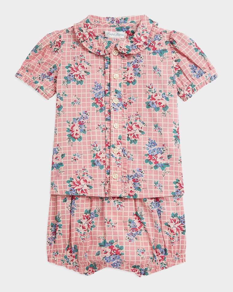 Girl's Floral Slub Cotton Shirt & Shorts Set, Size 3M-24M by POLO RALPH LAUREN