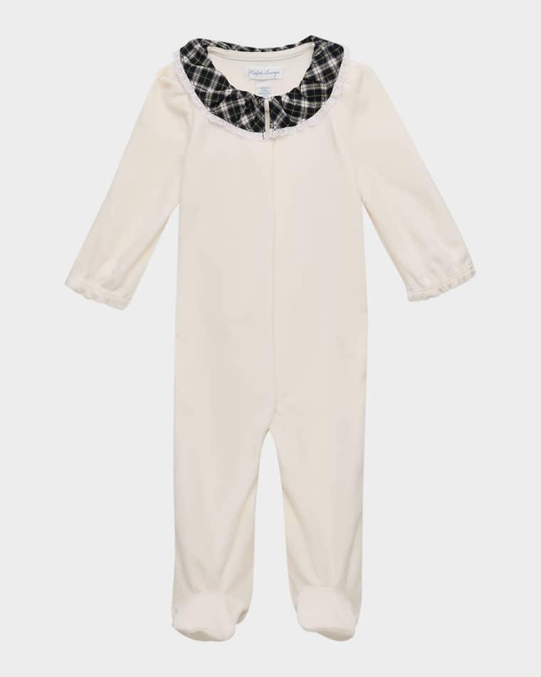 Girl's Plaid-Collar Velour Coverall, Size Newborn-9M by POLO RALPH LAUREN