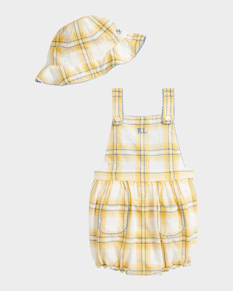 Girl's Plaid Dobby Cotton Shortalls, Size 3M-24M by POLO RALPH LAUREN