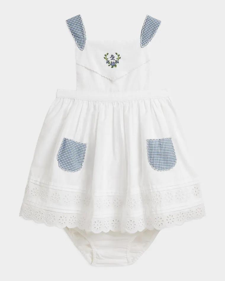 Girl's Scalloped Cotton Poplin Dress & Bloomers Set, Size 3M-18M by POLO RALPH LAUREN