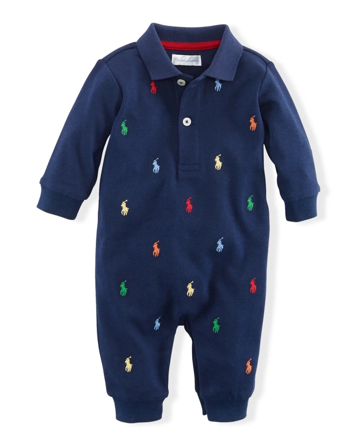 Logo Embroidery Polo Coverall, Size 3M-12M by POLO RALPH LAUREN