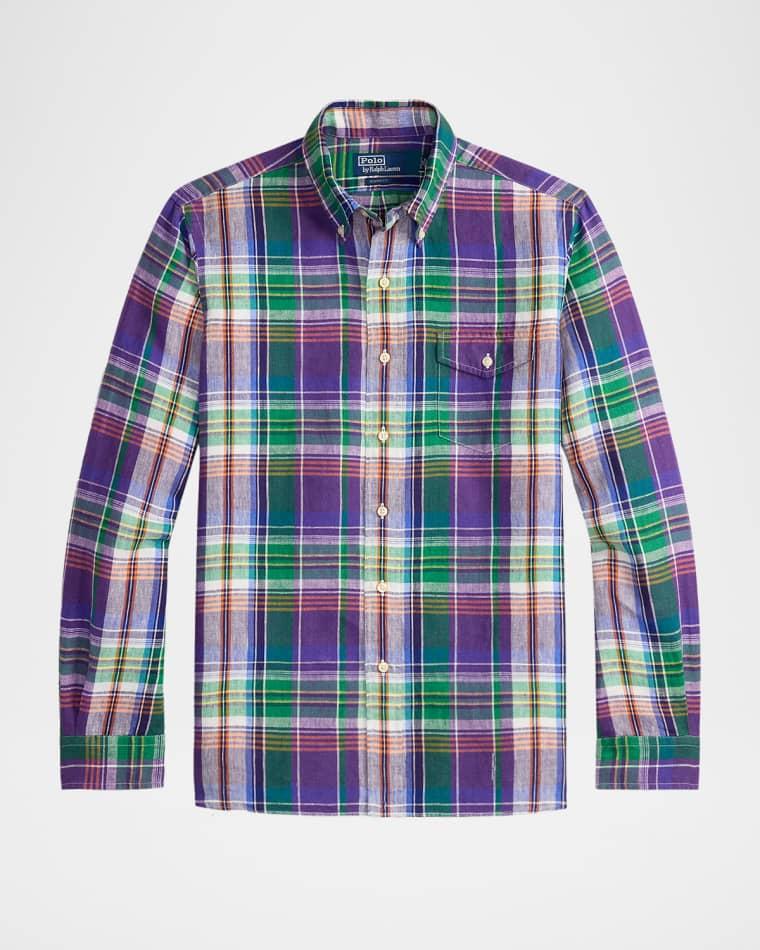 Men's Slub Linen Multicolor Plaid Button-Down Shirt by POLO RALPH LAUREN