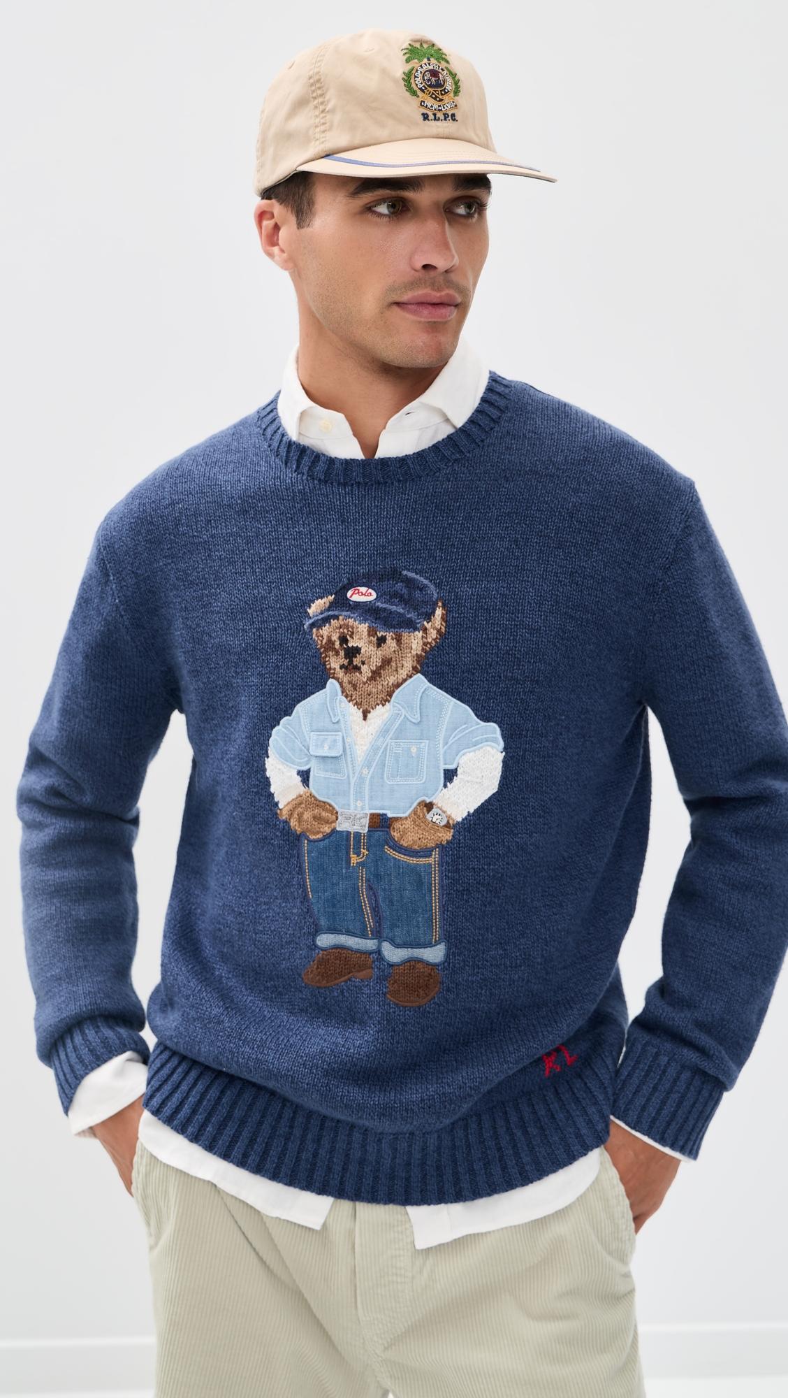 Original Label Cotton Linen Denim Bear Crewneck Sweater by POLO RALPH LAUREN