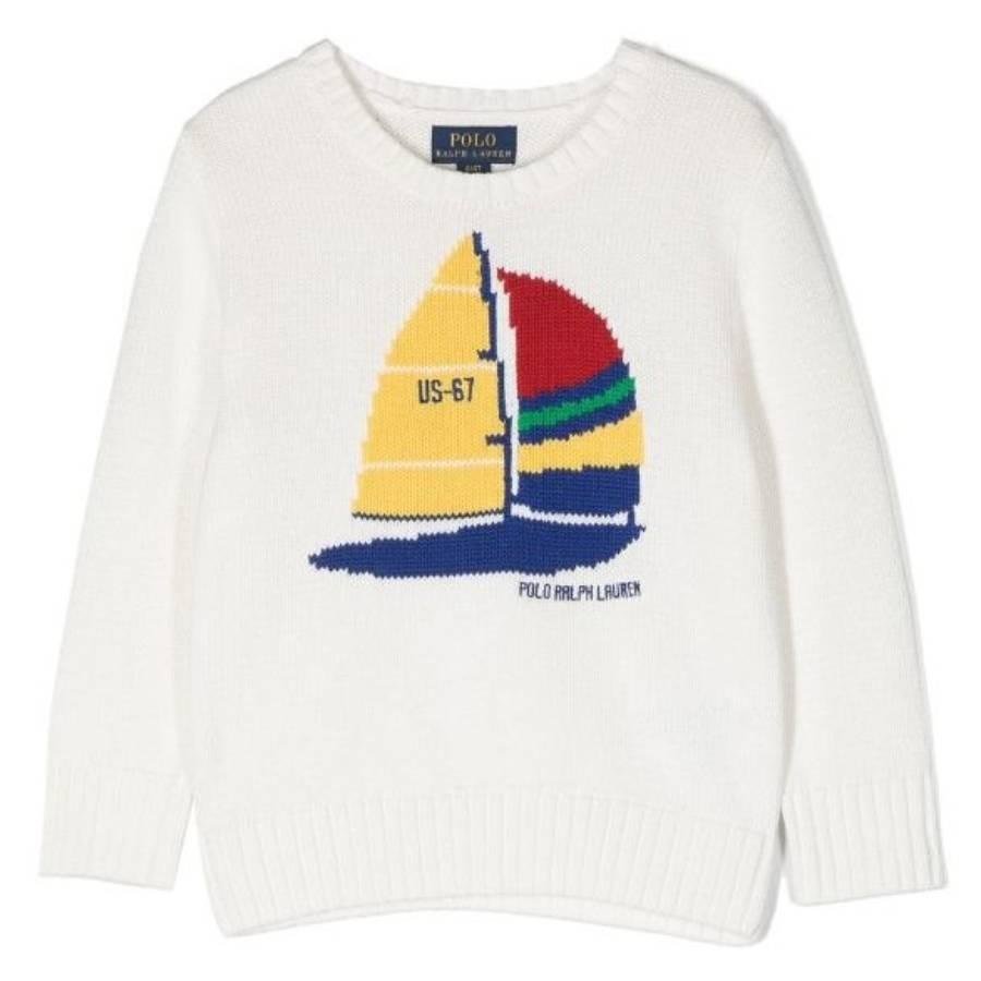 Polo Ralph Lauren Boys Deckwash White Sail Boat Embroidered Jumper by POLO RALPH LAUREN