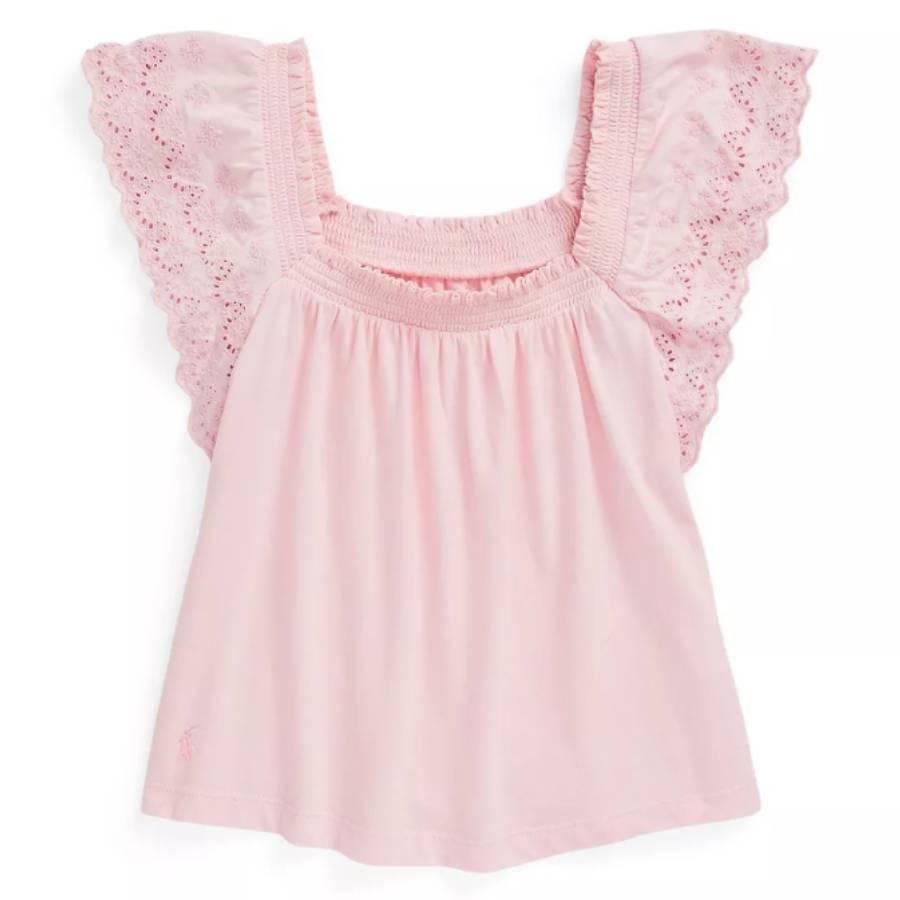 Polo Ralph Lauren Girls Hint Of Pink Eyelet-Embroidered Cotton Jersey Top by POLO RALPH LAUREN