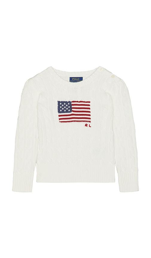 Polo Ralph Lauren Long Sleeve Cotton Cable Knit Flag Crewneck Sweater in White by POLO RALPH LAUREN