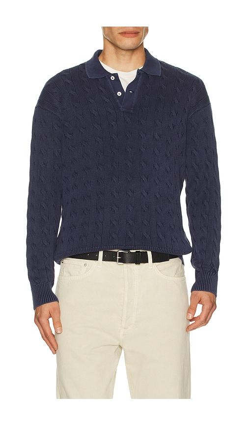 Polo Ralph Lauren Long Sleeve Garment Dyed Cable Knit Polo Sweater in Blue by POLO RALPH LAUREN