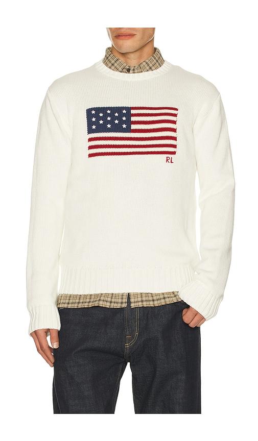 Polo Ralph Lauren Long Sleeve Roving Cotton USA Flag Crewneck Sweater in White by POLO RALPH LAUREN