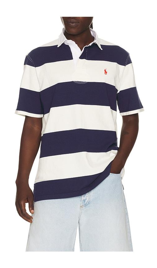 Polo Ralph Lauren Short Sleeve Jersey Knit Iconic Rugby Polo Stripe in Blue by POLO RALPH LAUREN