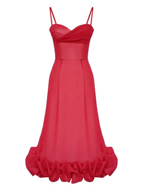 draped-bodice flounced-hem midi dress by POST MERIDIEM
