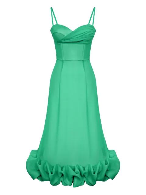 draped-bodice flounced-hem midi dress by POST MERIDIEM