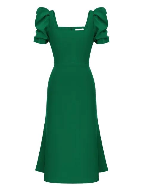 puff-sleeve square-neck midi dress by POST MERIDIEM