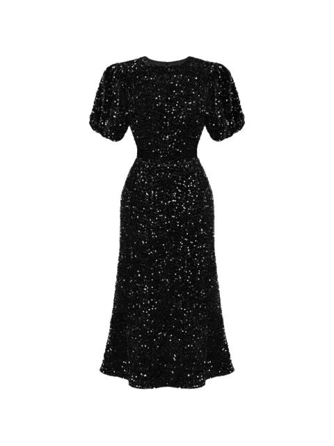 sequin-embellished puff-sleeve midi dress by POST MERIDIEM