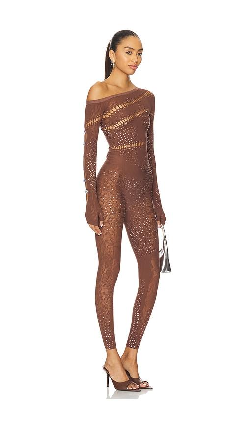 POSTER GIRL Ivy Long Rhinestone Jumpsuit in Brown by POSTER GIRL
