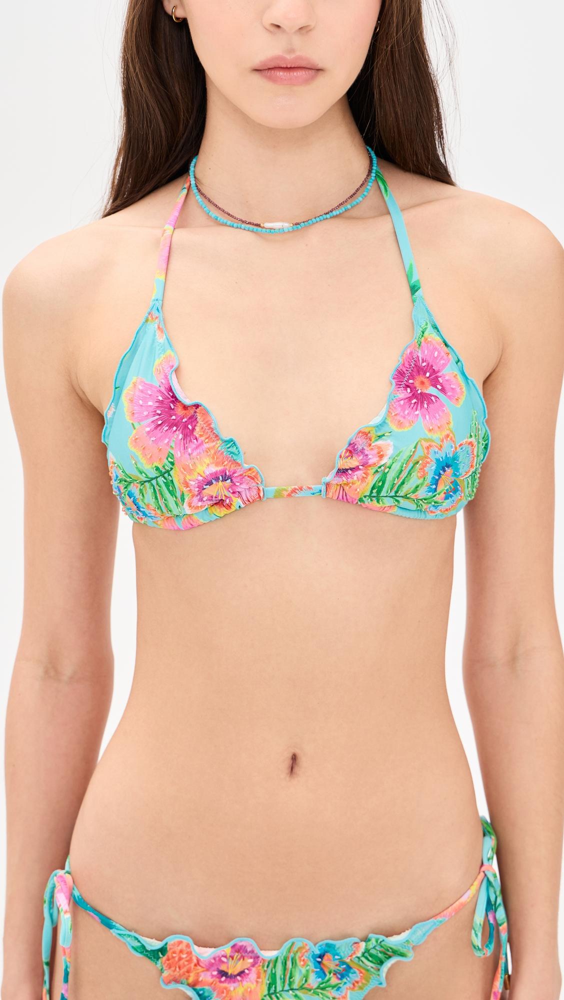 Embroidered Lettuce Edge Triangle Bikini Top by PQ SWIM