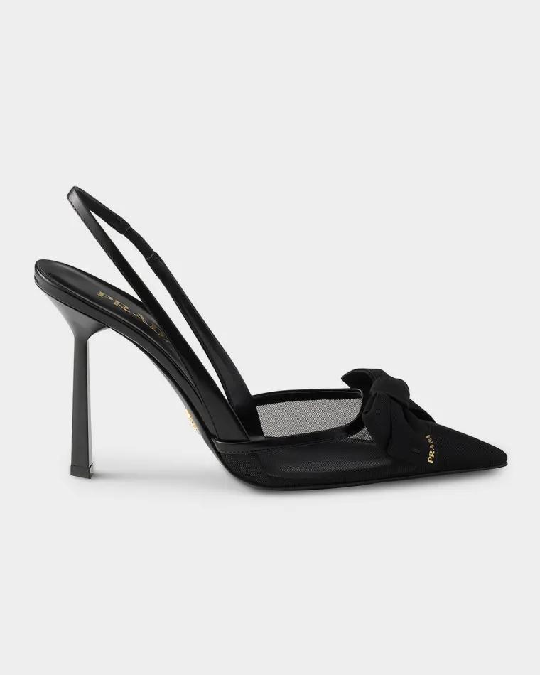100mm Mesh Fabric & Leather Slingback Pumps with Bow by PRADA