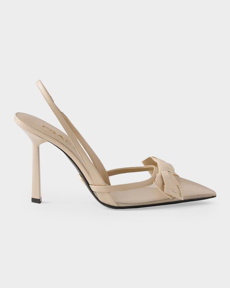 100mm Mesh Fabric & Leather Slingback Pumps with Bow by PRADA