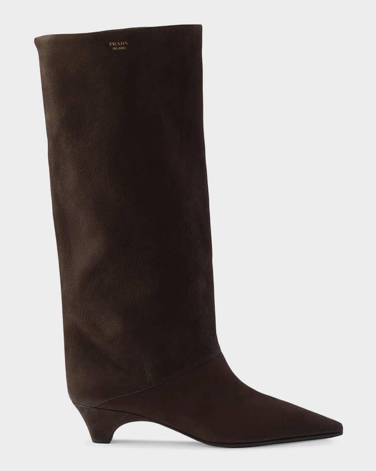 40mm Leather Kitten Heel Knee-High Boots by PRADA