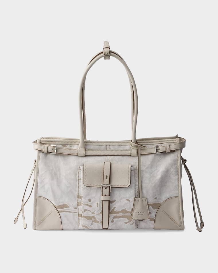 Bonnie Large Printed Linen and Leather East-West Bag by PRADA