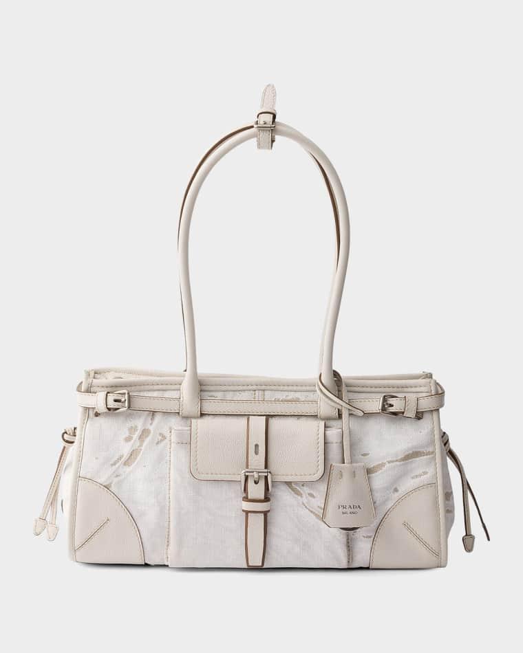 Bonnie Medium Printed Linen and Leather Top Handle Bag by PRADA