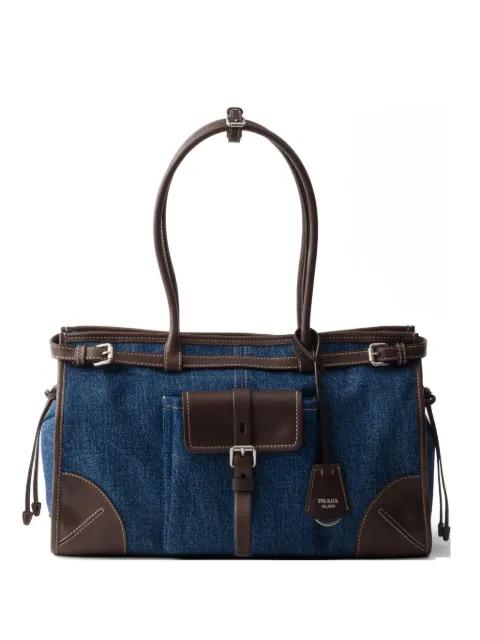 Bonnie large denim and leather handbag by PRADA