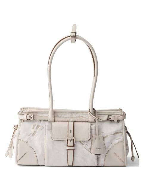 Bonnie medium printed linen and leather handbag by PRADA