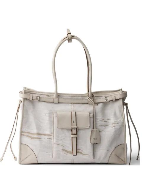 Bonnie printed linen and leather tote bag by PRADA