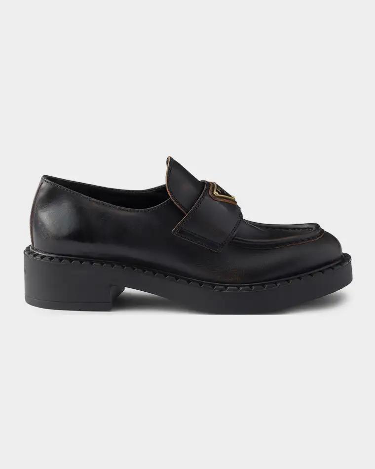 Chocolate Antiqued Leather Loafers by PRADA