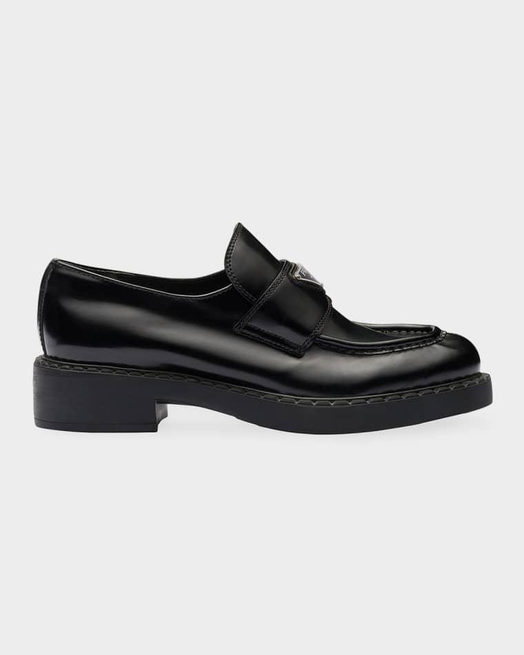 Chocolate Brushed Leather Loafers by PRADA