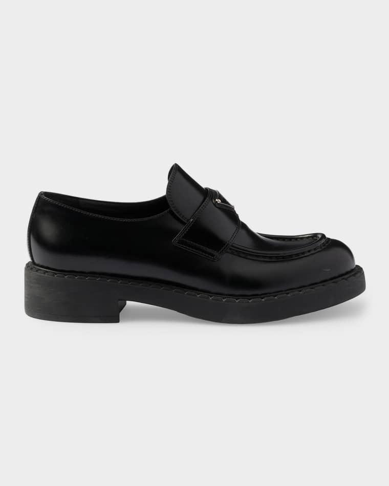 Chocolate Brushed Leather Loafers by PRADA