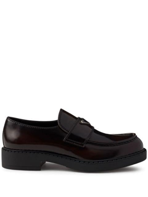 Chocolate logo-plaque leather loafers by PRADA