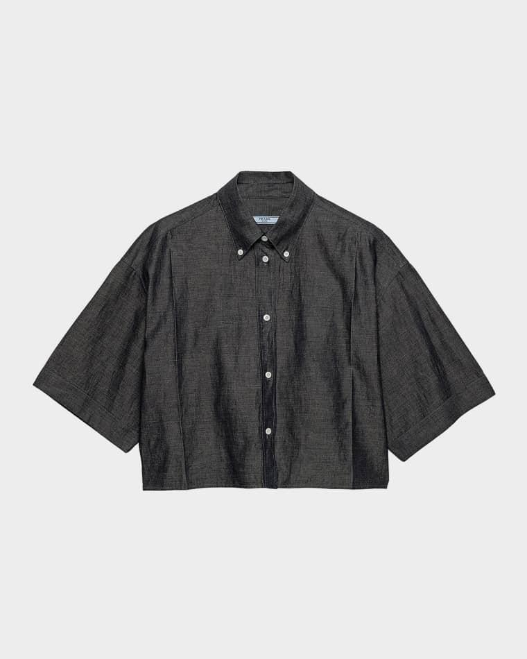 Cropped Elbow-Sleeve Chambray Shirt by PRADA