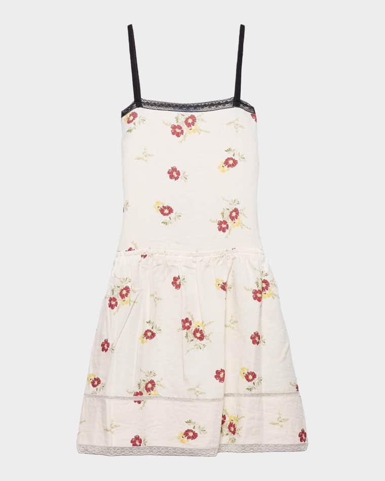 Embroidered Linen Mini Dress with Floral Motif by PRADA