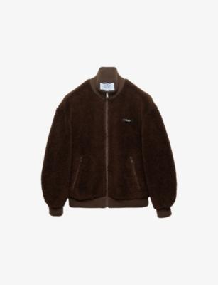 Funnel-Neck Embroidered Logo-Patch Wool Blend Fleece Jacket by PRADA