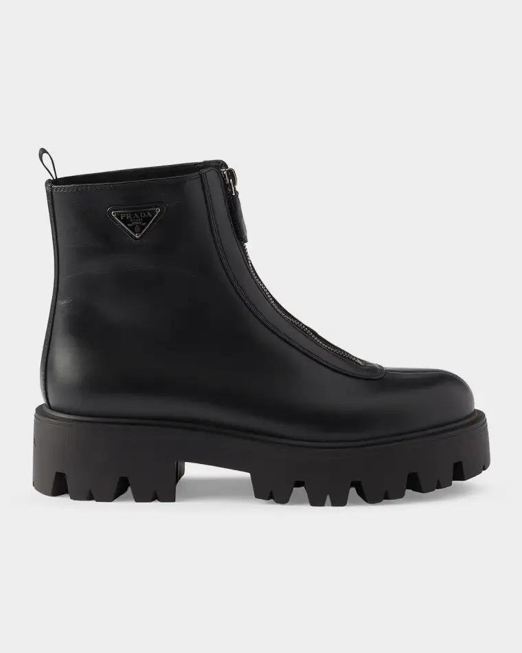 Leather Front-Zip Ankle Boots by PRADA
