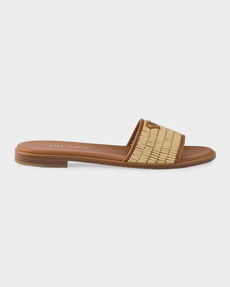 Leather & Crochet Raffia Slides by PRADA