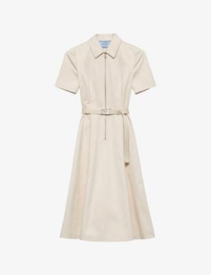 Logo-Belt A-Line Cotton Chino Midi Dress by PRADA