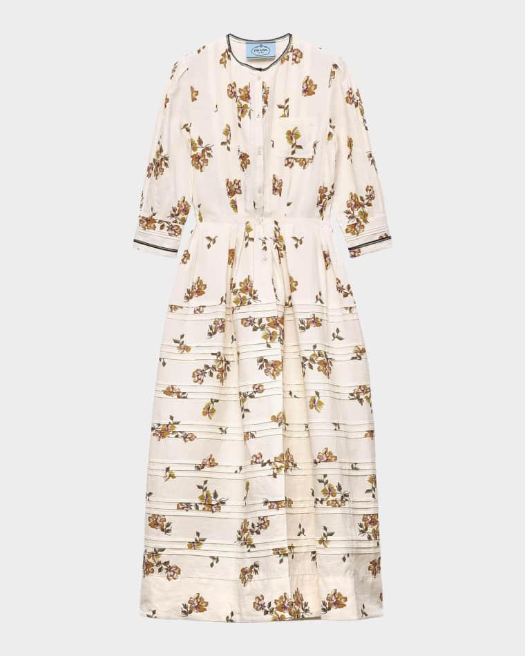 Long Floral-Print Linen Dress with Pintucks by PRADA