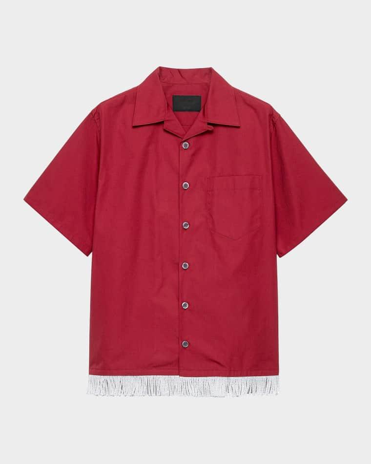 Men's  Cotton-Blend Fringed Bowling Shirt by PRADA