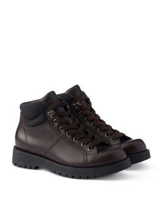 Men's Lace-Up Leather and Re-Nylon Booties by PRADA