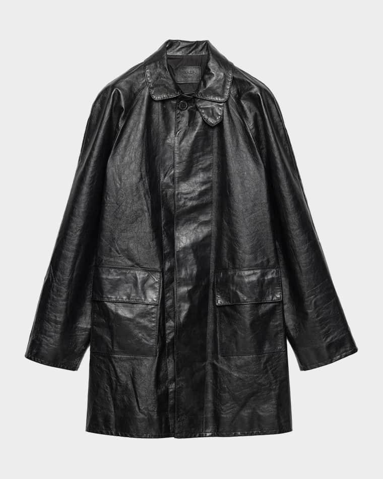 Men's Mid-Length Vintage-Effect Leather Coat by PRADA