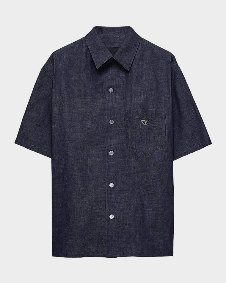 Men's Short-Sleeve Denim Bowling Shirt by PRADA
