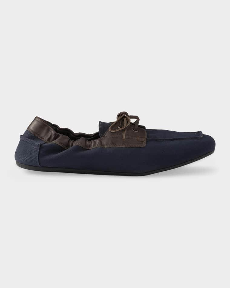 Men's Shuffle Aged Canvas & Leather Boat Shoes by PRADA
