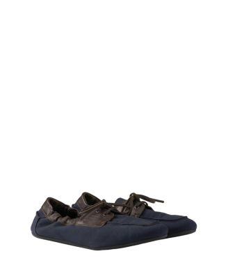 Men's Shuffle Aged Canvas and Leather Boat Shoes by PRADA