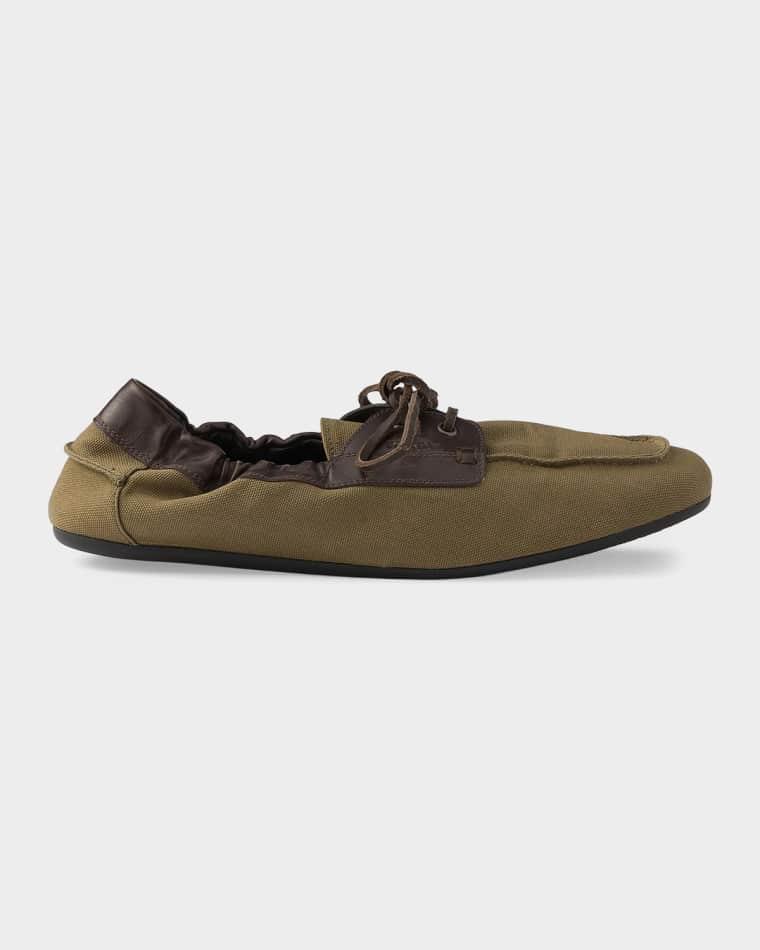 Men's Shuffle Aged Canvas & Leather Boat Shoes by PRADA
