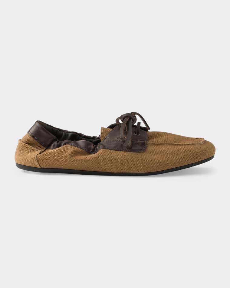Men's Shuffle Aged Canvas & Leather Boat Shoes by PRADA