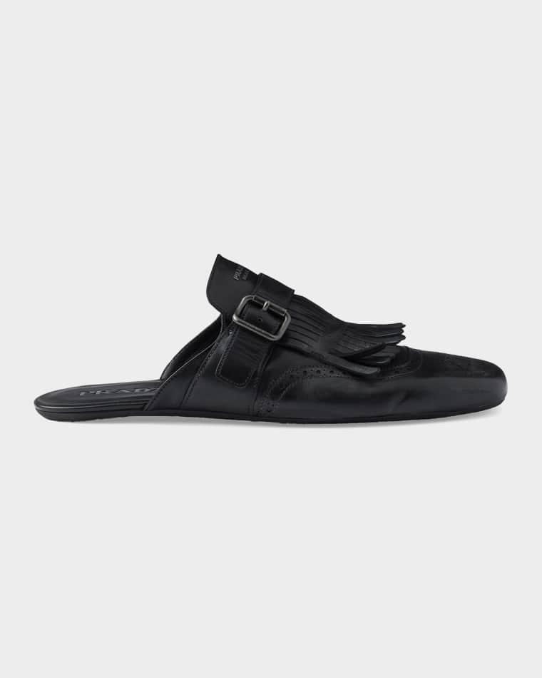 Men's Shuffle Antiqued Leather Monk-Strap Mules with Fringe by PRADA