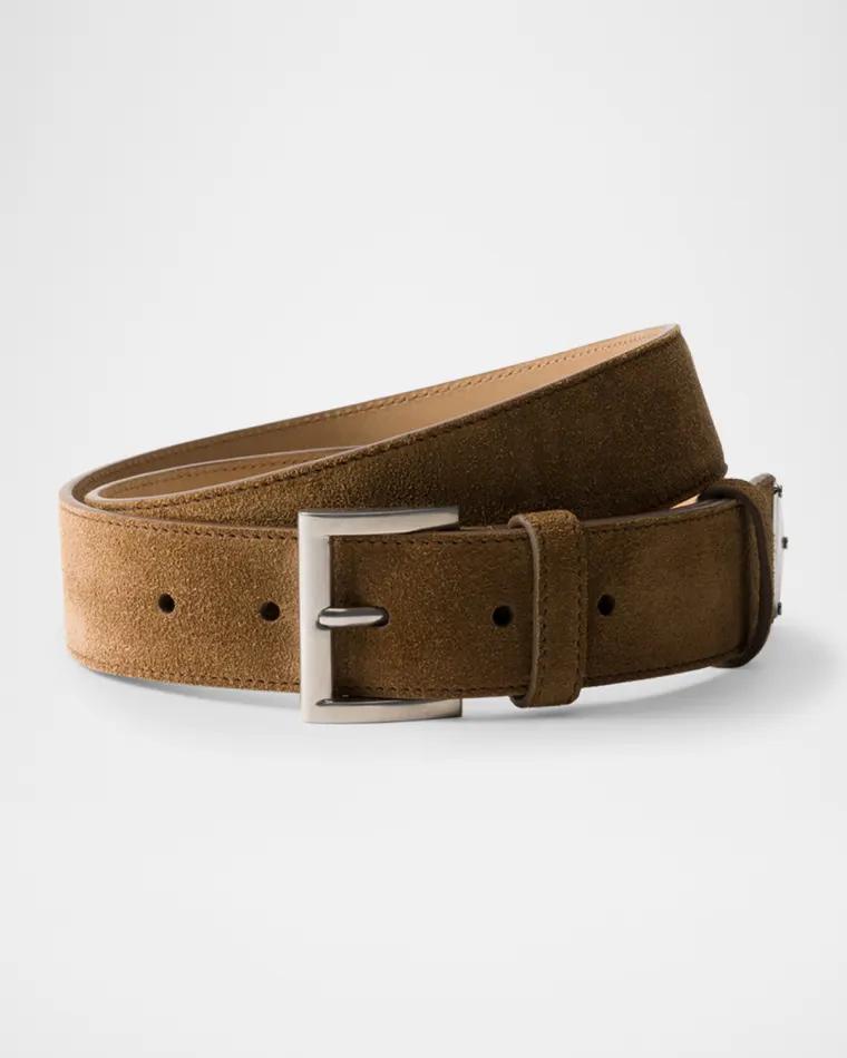 Men's Triangle Logo Suede Belt by PRADA